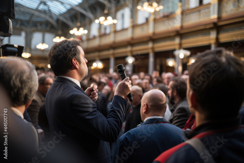Person facilitating a public forum, illustrating the role of dialogue and exchange in building consensus and understanding within democracy. Generative Ai.
