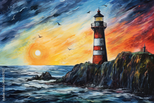 Lighthouse By The Sea Painted With Crayons