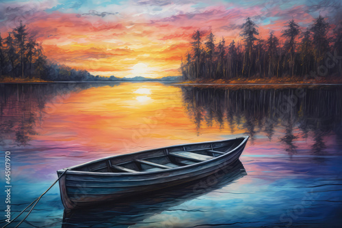 Rowboat On Calm Lake Painted With Crayons