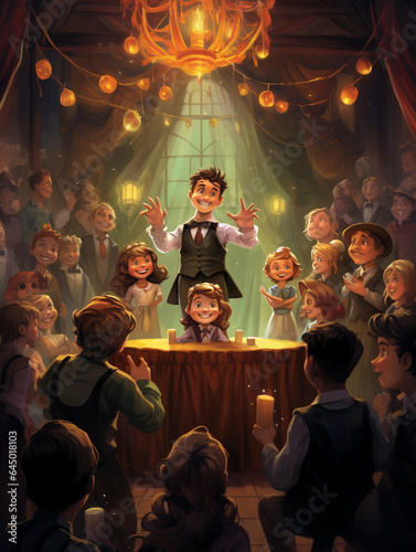 An Illustration of Kids at a Halloween Magic Show, Wide-Eyed at the Tricks Performed