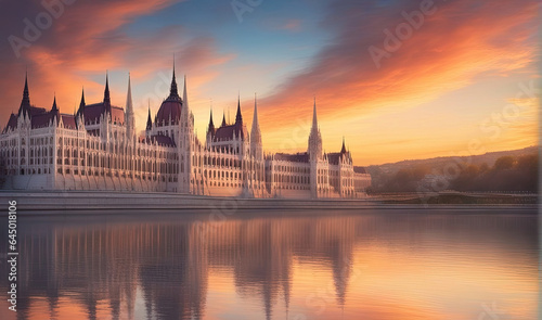 Parliament Building at Sunset, Budapest, Hungary - Created with Generative AI Technology
