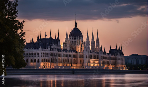 Parliament Building at Sunset, Budapest, Hungary - Created with Generative AI Technology © Faris
