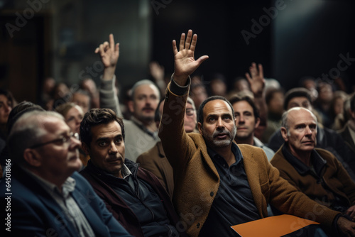 Person raising their hand to ask a question at a public forum, illustrating the inclusivity and participatory nature of democratic discussions. Generative Ai.