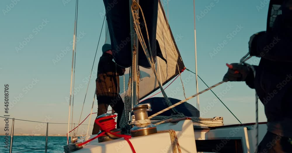 Men, rope and sail for boat by ocean, wind energy and outdoor in summer for vacation, travel or transportation. Sailing crew, yacht or ship with teamwork in harbor, sea or holiday cruise in Monaco