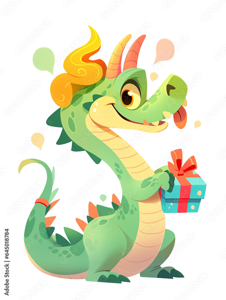 Fototapeta premium Cute chinese symbol of the Year Dragon 2024, new year symbol, Christmas, New year, green dragon with present