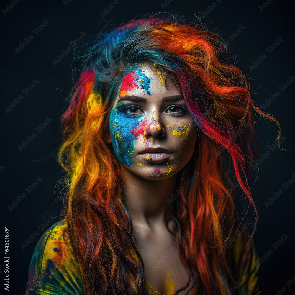 A beautiful woman's face splattered with multicolored paint, with vibrant hues of blue, pink, yellow, and green creating an abstract and artistic appearance. Generative AI, AI.