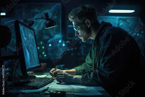 The photo depicts a computer scientist working with a modern computer, surrounded by various technological tools and gadgets, including a keyboard, a mouse, a monitor, and headphones. Generative AI.