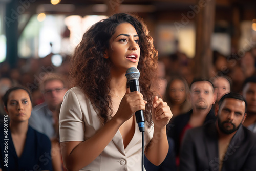 Young Latin American woman engaged in a public speaking event, filled with emotion and feelings