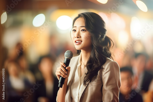 Young Asian woman engaged in a public speaking event, filled with emotion and feelings