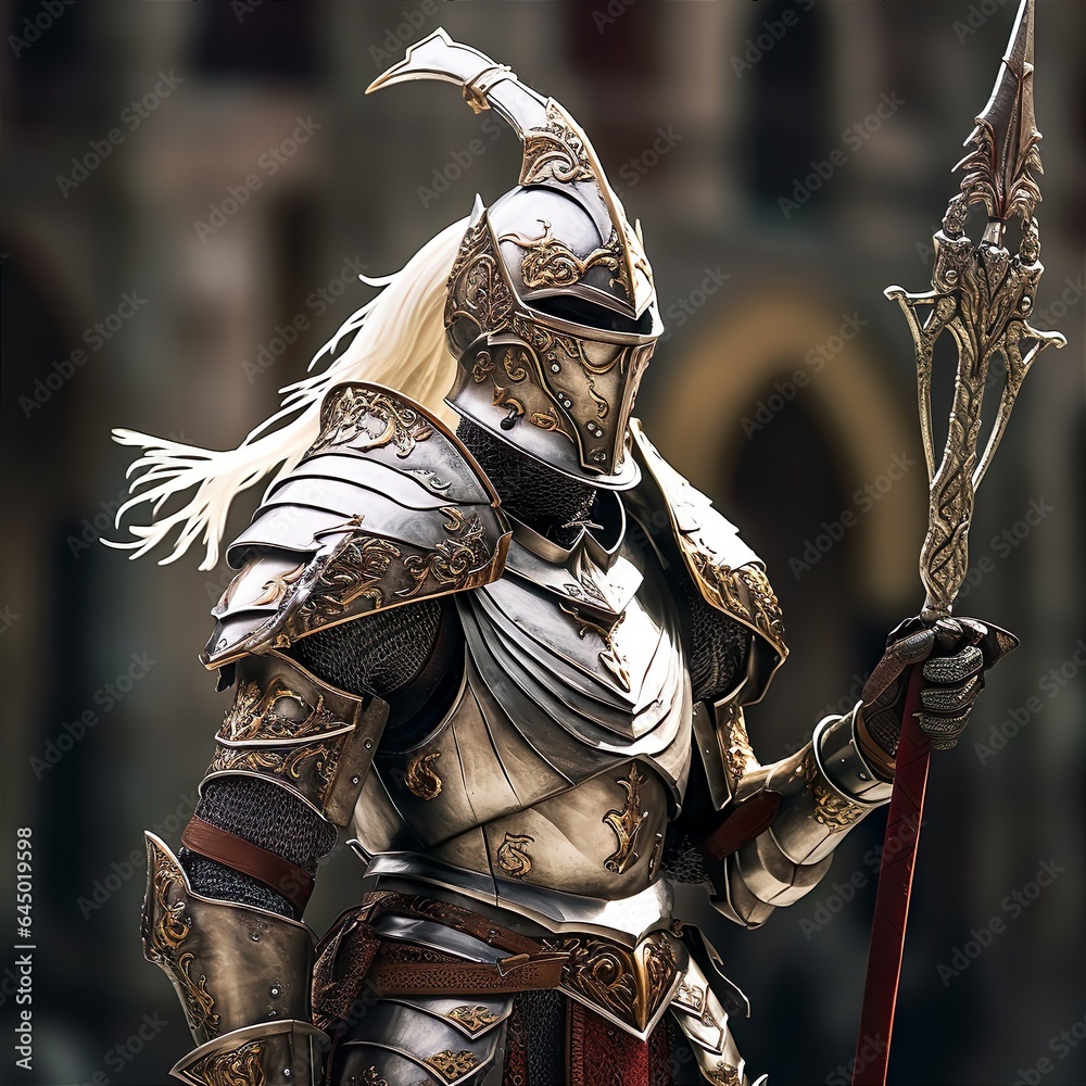 Middle Ages Knight In Rich Armor. Illustration On The Theme Of History And Wars, Armor And Weapons. Generative AI Middle Ages Knight In Rich Armor. Illustration On The Theme Of History And Wars, Armor And Weapons. Generative AI