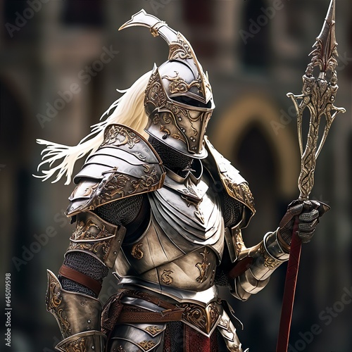 Middle Ages Knight In Rich Armor. Illustration On The Theme Of History And Wars, Armor And Weapons. Generative AI 