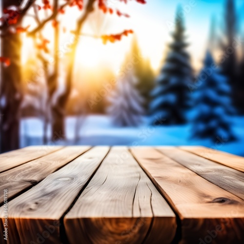 Empty wooden table, blurred winter forest background with copy space
