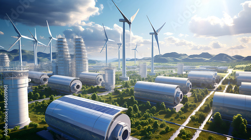 Concept of an energy storage system based on electrolysis of hydrogen for clean electricity solar and wind turbine facility..A hydrogen pipeline with wind turbines and in the background.