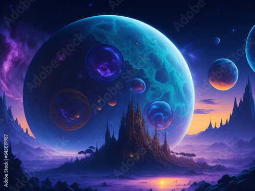 The night view of alien planet from space. Beautiful space with mystical planets, colorful, detailed. High quality space background