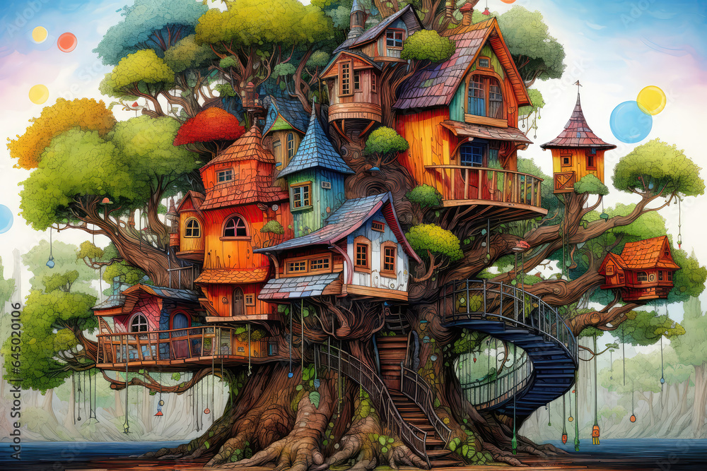 Whimsical Treehouse Painted With Crayons