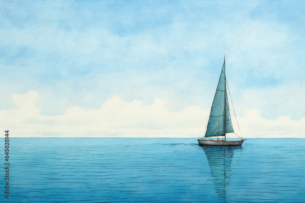 Blue Sailboat On Calm Ocean Painted With Crayons