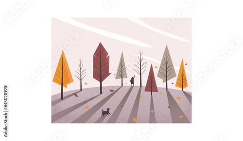 Web Vector illustration of Autumn or falls scene.Man take a walk with Happy dog in the wood.Minimal landscape background.Lonely happy in Autumn.