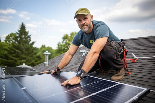 Solar power consultant expert on a roof installing solar panels. Switch to Green Energy
