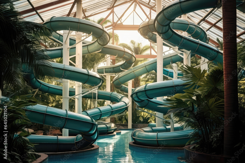 Cool Slides At The Water Park, No People. Сoncept Soaking Up The Sun On