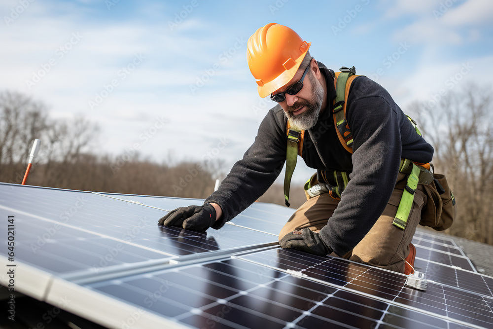 Solar power consultant expert on a roof installing solar panels. Switch to Green Energy Solar power consultant expert on a roof installing solar panels. Switch to Green Energy
