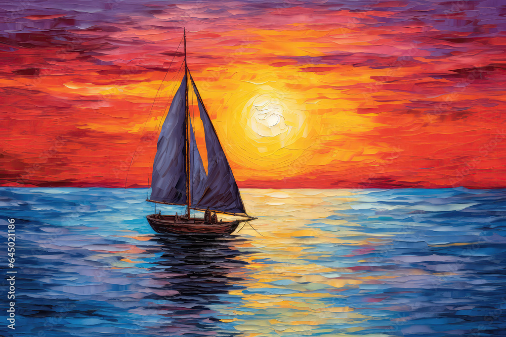 Naklejka premium Sailing Boat On Lake Painted With Crayons