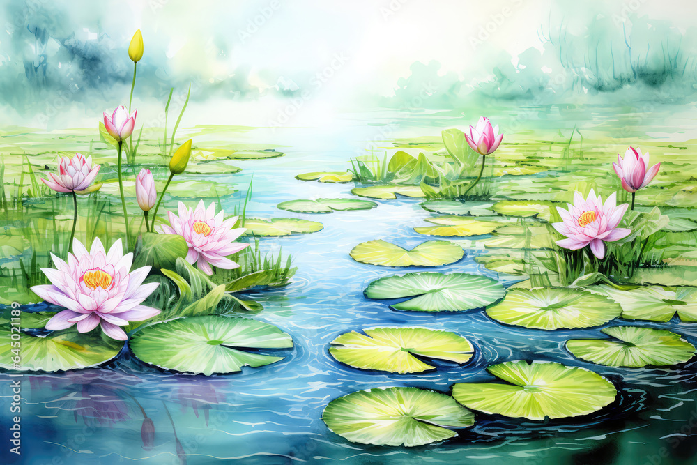 Serene Pond With Lily Pads Painted With Crayons