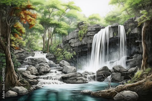 Peaceful Waterfall In Forest Painted With Crayons .   oncept Relaxing Nature Scenes  Forest Waterfalls Crayon Art  Peaceful Painted Vistas  Surprising Artistry