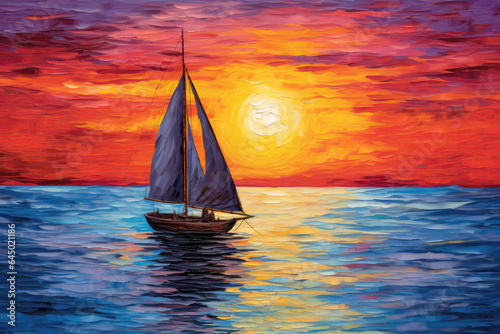 Sailing Boat On Lake Painted With Crayons