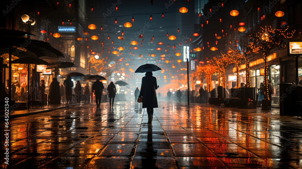 Melancholic vibe: urban isolation in misty rain and neon lights.
