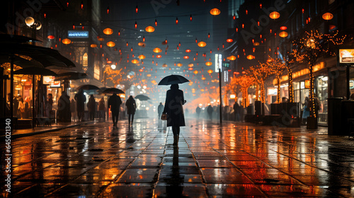 Melancholic vibe: urban isolation in misty rain and neon lights. 