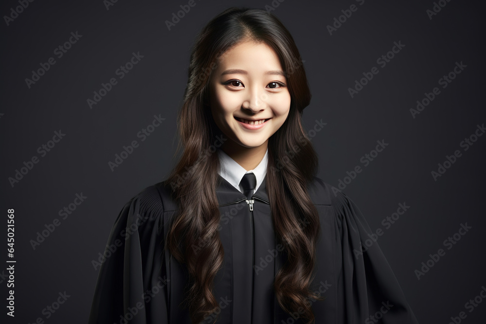 Portrait of a smiling asian female valedictorian dressed in black academic dress, very high honor. Portrait of a smiling asian female valedictorian dressed in black academic dress, very high honor.