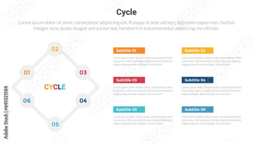 cycle or cycles stage infographics template diagram with small circle patch on rotated square line and 6 point step creative design for slide presentation