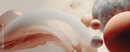 An abstract image of a group of spheres in different sizes and warm colors and a wave-like shape in light beige that appears to be made of a liquid or fluid. Surreal and dream-like mood.