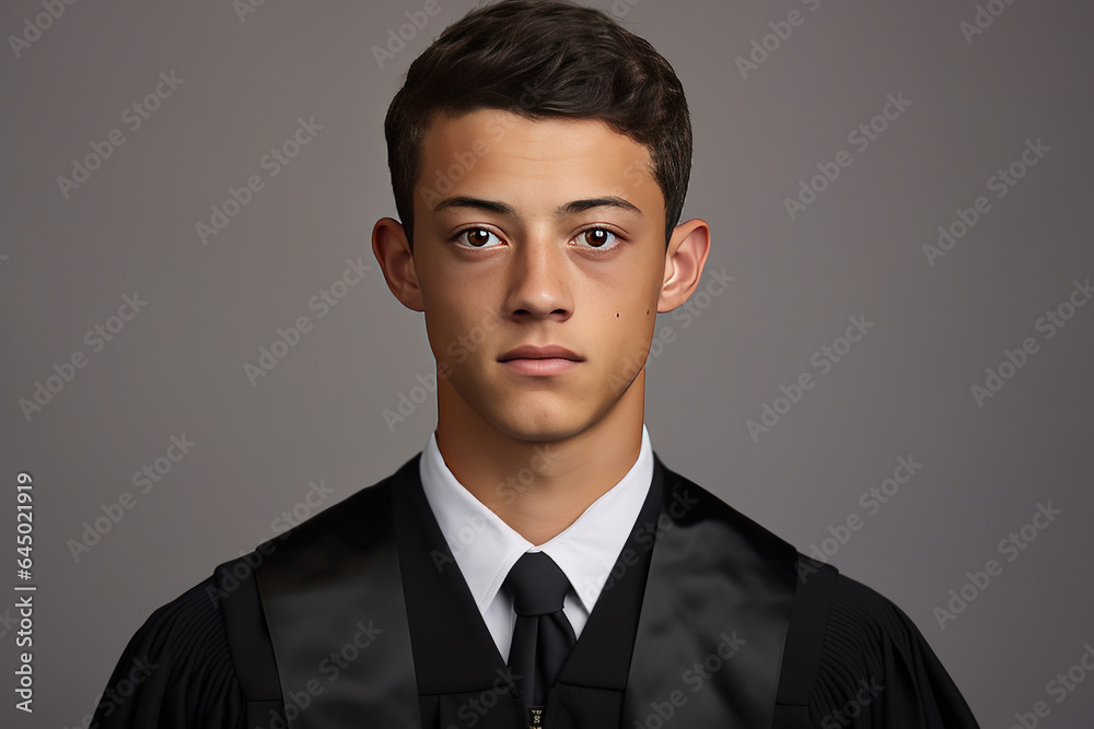Portrait of a male valedictorian dressed in black academic dress, very high honor Portrait of a male valedictorian dressed in black academic dress, very high honor
