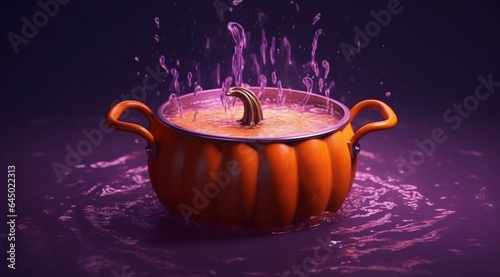 Orange pumpkin is cooked in a purple cauldron in the water photo