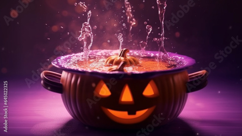 Orange pumpkin is cooked in a purple cauldron in the water photo