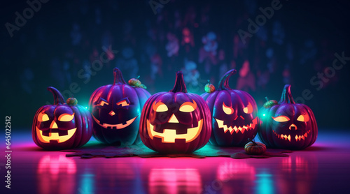 Halloween pumpkins with neon light photo