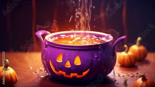 Orange pumpkin is cooked in a purple cauldron in the water