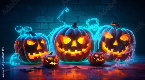 Halloween pumpkins with neon light photo