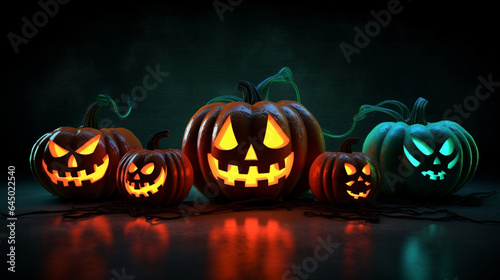 Halloween pumpkins with neon light photo