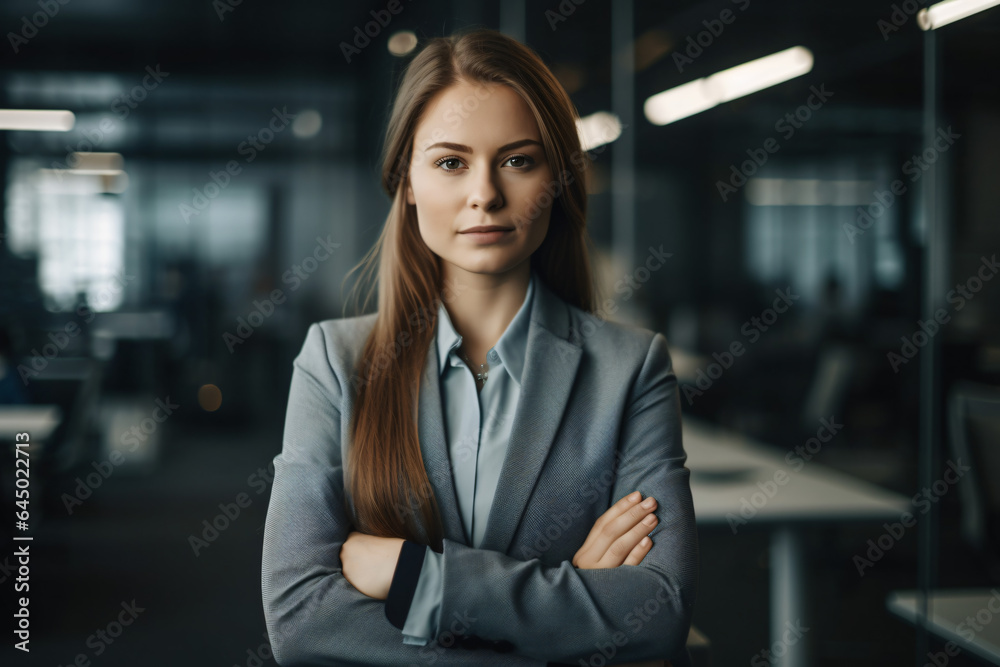 Young happy business woman working at office Young happy business woman working at office