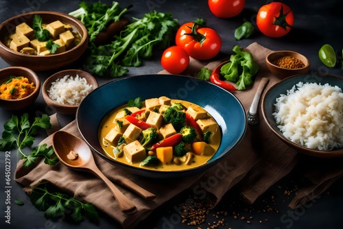 A scene of a creamy vegan coconut curry with tofu and vegetables.
