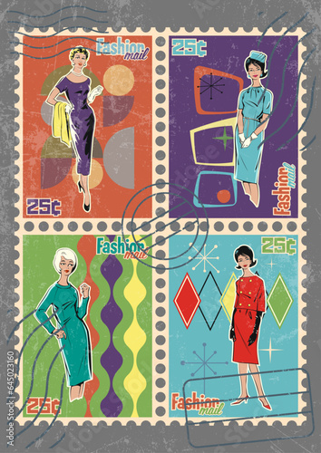 1960s Retro Woman Fashion Style Postage Stamps Set. Lady Dress Mode Abstract Mid Century Modern Vintage Illustrations
