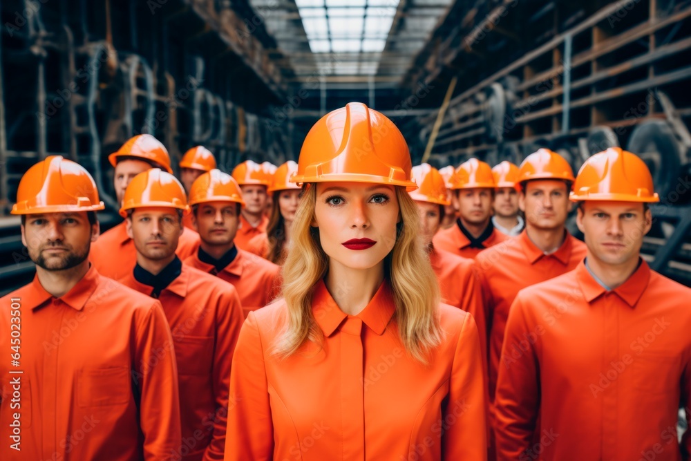 workers in hard hats standing in a warehouse, leading by a woman workers in hard hats standing in a warehouse, leading by a woman