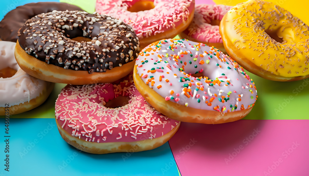 donuts with icing sugar, Round, assorted, and colorful donuts with vibrant sprinkles on a bright, sweet, cake, donuts, dessert, Ai generative 