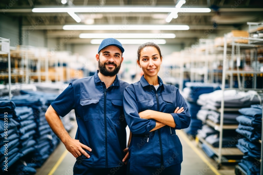 two factory workers posing in a warehouse, two factory workers posing in a warehouse,