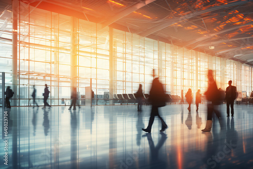 Background of an airport blurred individuals in an exposition hall. Concept image for a international air port