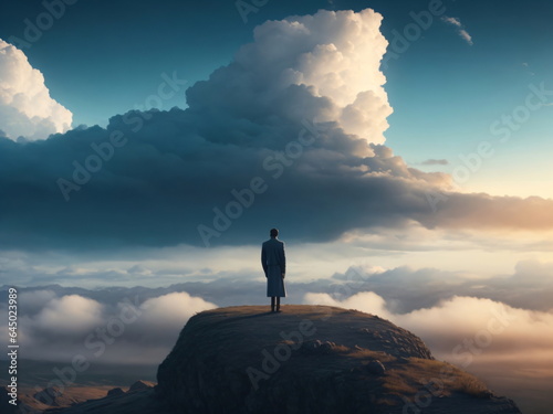 Wide angle shot of a lonely man standing in a fantasy landscape with a shining cloudy sky. Meditation and spiritual life