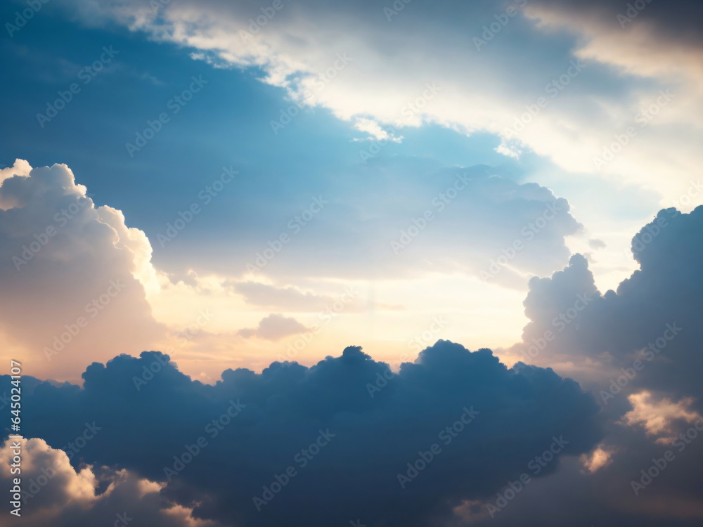 Obraz premium Wide angle shot of a lonely man standing in a fantasy landscape with a shining cloudy sky. Meditation and spiritual life