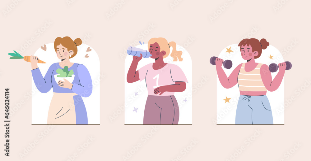 Healthy habits vector illustration. Exercise healthy eating and drinking enough water relaxation and effective daily life Healthy habits vector illustration. Exercise healthy eating and drinking enough water relaxation and effective daily life